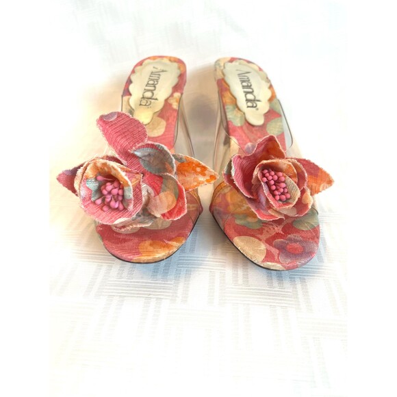 Amanda Shoes - Amanda PinaColada Pink Orange Floral Mules | Leather Sole Fabric Heels 9.5W
